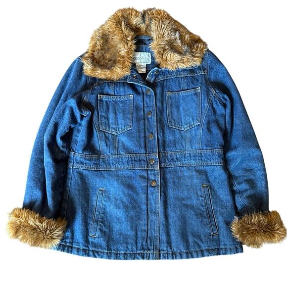 Denim Chore Coat With Faux Fur Trim Large - Picture 1 of 7